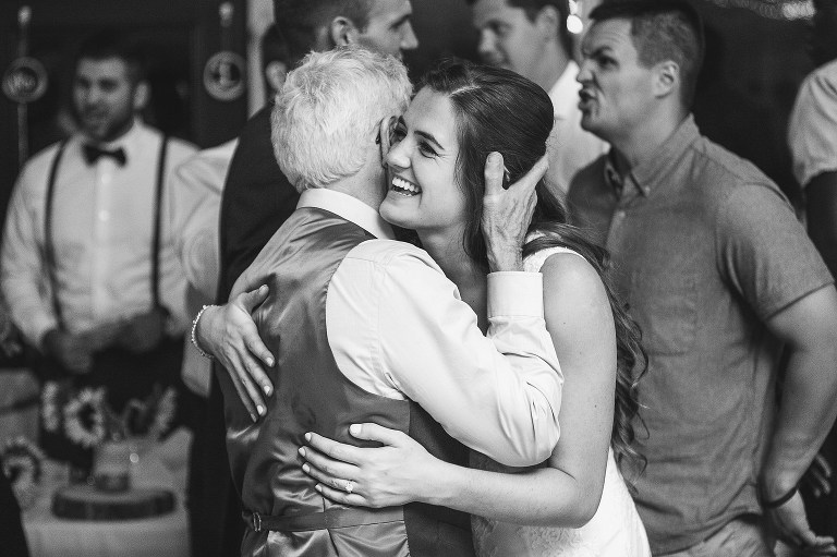 bride, grandfather, hugging, laughing