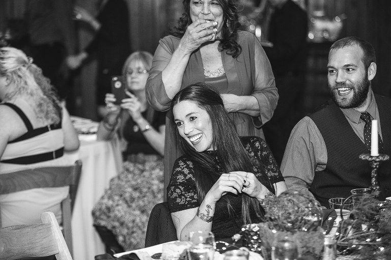 barn wedding, wedding guest, reception, laughing