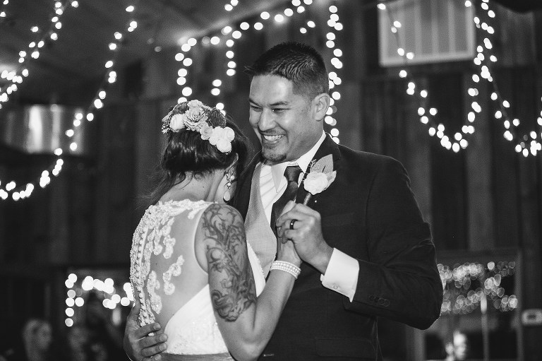 wedding day, bride and groom, reception, laughing, barn wedding