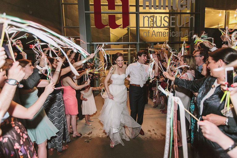 bride and groom exit, wedding day, streamers, leaving, hunter museum