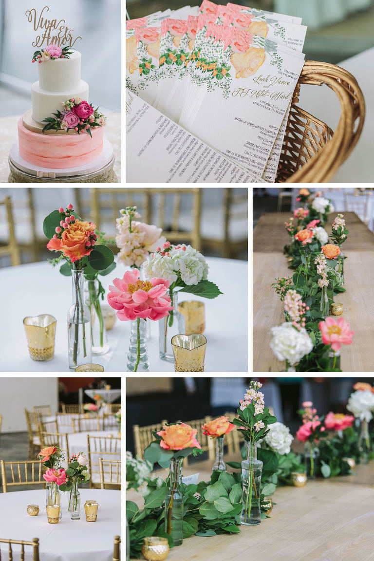 wedding details, cake, programs, floral arrangements, decorations