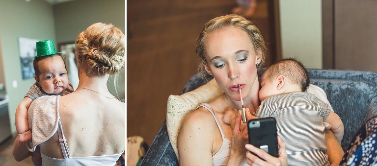 bridesmaid putting on makeup holding baby 