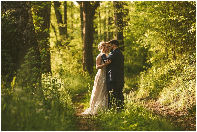 bride and groom after ceremony in the forest 