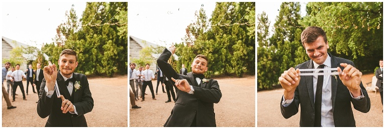 groom throwing garter