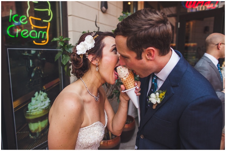 bride and groom sharing an ice cream cone 