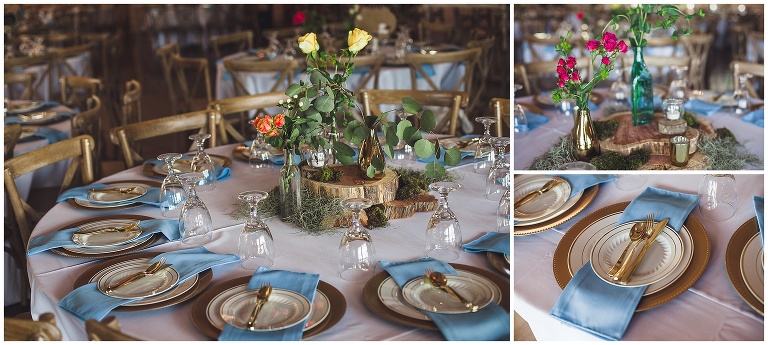 reception table details and florals and plates