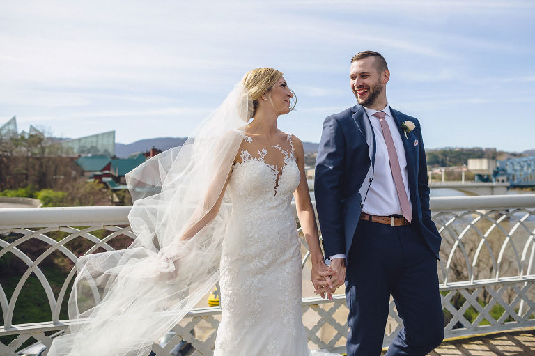 bride and groom first look on walnut street bridge