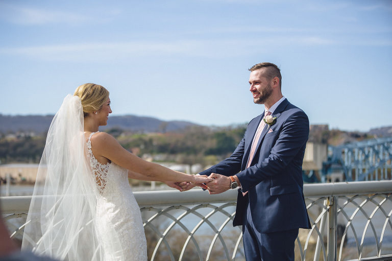 bride and groom first look walking bridge chattanooga