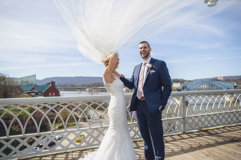 brides veil blows in the wind