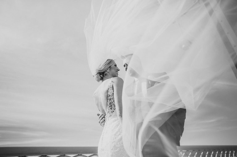 brides veil blowing in the wind