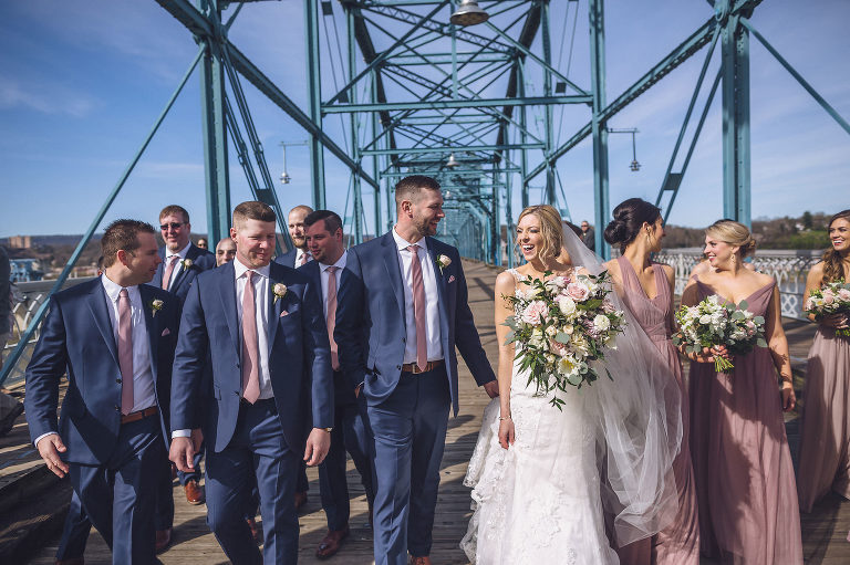 wedding party on walking bridge chattanooga