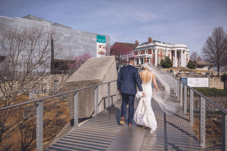 bride and groom on glass bridge chattanooga