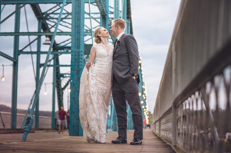 bride and groom on walking bridge chattanooga 