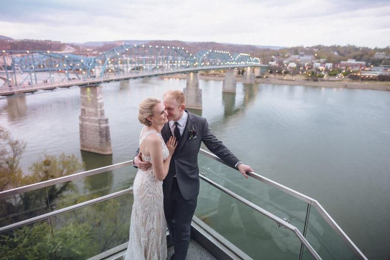 bride and groom near Tennessee river