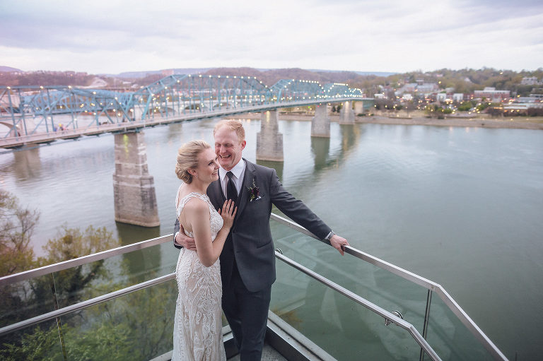 bride and groom near Tennessee river